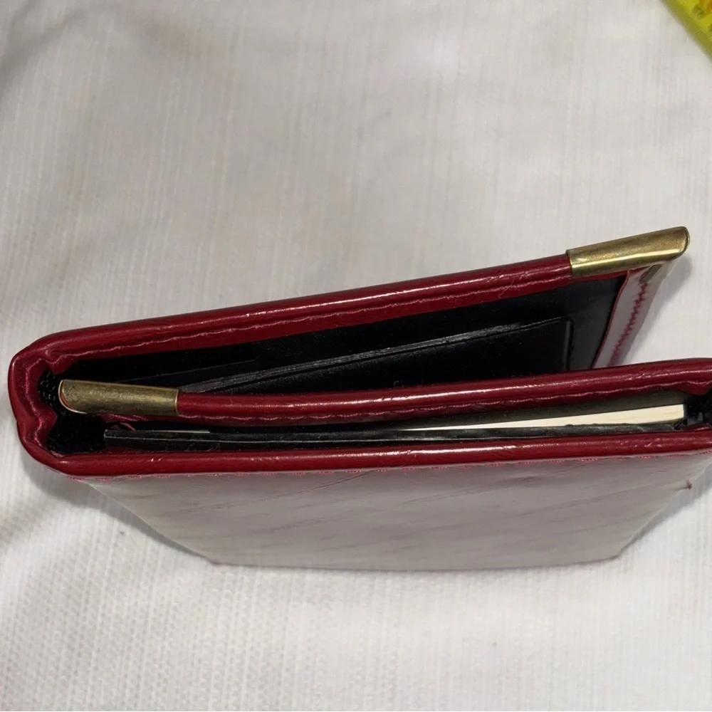 Vintage Trifold Cranberry Leather Address Card Slot Note Binder Gold Accents